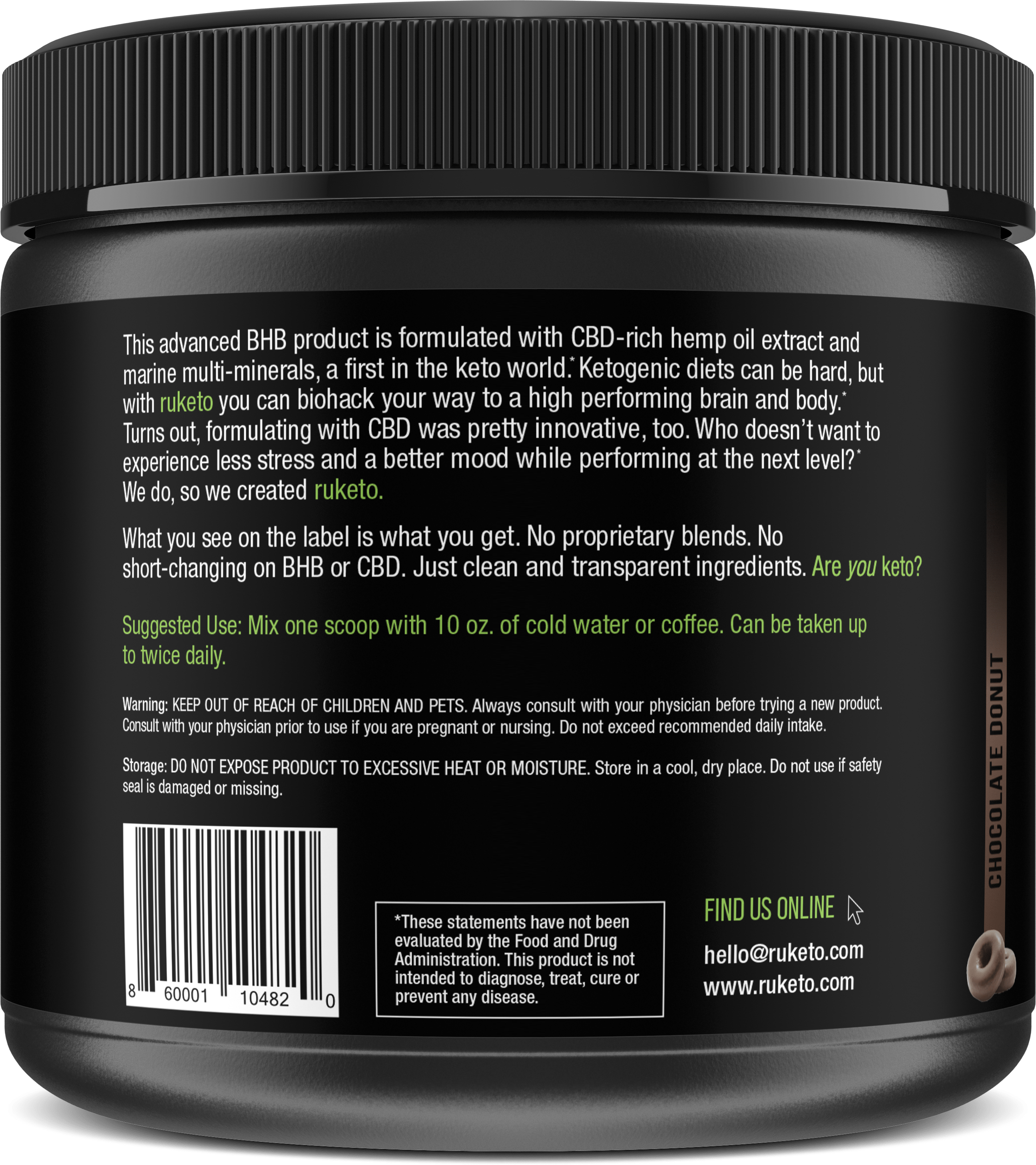 Exogenous Ketones (BHB) with Full Spectrum Hemp Extract - Chocolate Donut. The Best Keto Supplement Today. - Ruketo